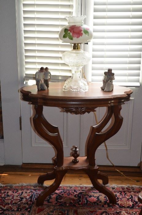 Gorgeous Antique Scalloped Edge Table featuring a Fancy Alladin Lamp base with Rose painted shade and Willow Tree figurines