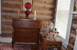 Beautiful Antique 4 Drawer Chest all Hand Crafted! plus a view of  the very large and rare Satin Ruby Glass Lamp, Statues and Oil Lamp