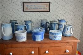 Salt Glaze pieces on Antique Buffet with framed Needlepoint 