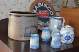 Salt Glazed Crockery Bowl with Pig plus Pitchers and Onion Lidded Sugar Bowl background has wooden Nabisco Holiday Classics Lid ( 1992 )