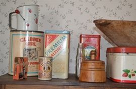 Antique/Vintage Tins * Vintage Flour Sifter * American Primitive Butter Mold * Metal Bread Tin * American Primitive handmade wooden Bread Dough Bowl
