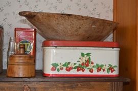 A better pic of American Primitive Butter Mold and Bread Dough Bowl plus Vintage Bread Tin