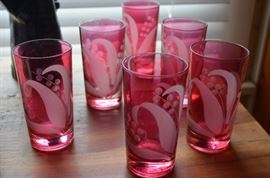 Set of 6 Antique Cranberry & Frosted Etched Drinking Glasses - Beautiful!