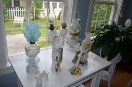 Gorgeous Oil Lamps and other items as pictured from the Sun Room with view of the garden yard
