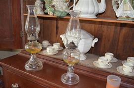 Antique Oil Lamps, Cups/Saucers, Tureen, Pitchers and More!