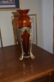 Hand Blown Amber Flower Vase with Brass Stand