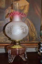 Very Rare and Unusual Antique Oil Lamp with Art Glass Lions Head Feet, Frosted Shade with Fluted Peach Globe