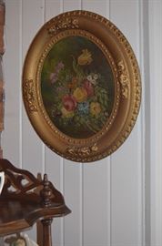 1 of 2 Antique Oval Framed Oil Paintings of Roses