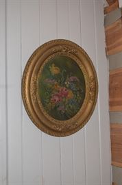 1 of 2 Antique Oval Framed Oil Paintings of Roses