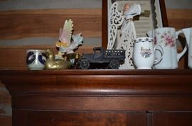 Mustache Cup, Brass Duck, Iron Toy Truck, Wooden Angel, Porcelain Cup & Pitchers
