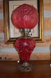 All Original *** Extremely Rare *** Very Large *** Red Satin Glass Globes *** Gone With the Wind Lamp 