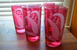 Antique Cranberry and Frosted Etched Drinking Glasses