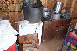 Notice the Primitive Dry Sink on top are 2 pressure cookers and double handled pots. Also Vintage Board Games are pictured
