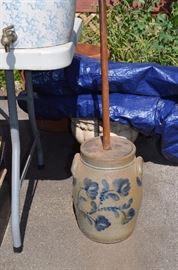 Extremely Rare Stoneware Butter Churn has been broken and reglued.