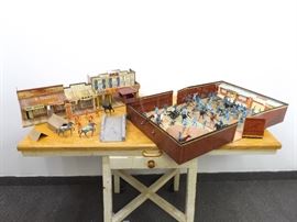Vintage Marx Cary-All Fort Apache Tin Play Set, and Marx Roy Rogers Mineral City