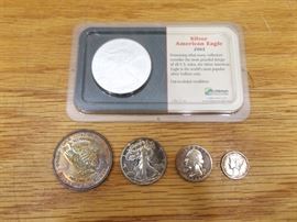 2003 Sliver American Eagle 1oz. - 99.93% Silver, US Assay Office Silver Trade Unit 1 troy oz. - .999 Fine Silver, and 1944 - 90% Silver Half Dollar, Quarter, and Dime