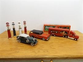 Lot of Die Cast Danbury Mint, Amoco Gas Pumps, Vintage Tin Ford, and Coca-Cola Holiday Truck