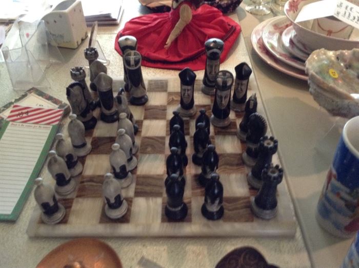 1970s hand painted ceramic weighted chess set with marble chessboard 