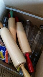 Rolling pins, wooden and glass