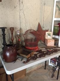 Assorted home decor and antique bird cage