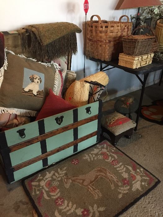 Great selection pillows, blankets, painted chest and baskets