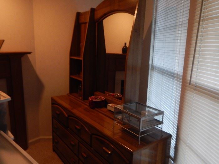 Interesting piece...dresser with mirror and side shelf in oak.