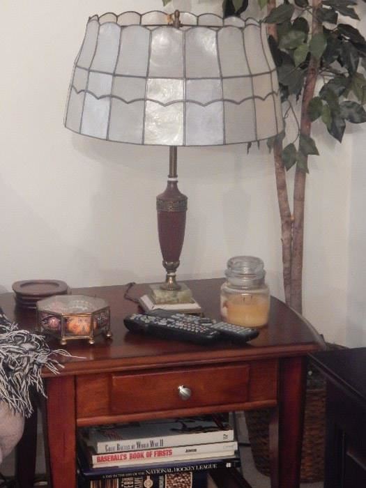 Pair of end tables, table lamp with shell shade. Very pretty when lite.