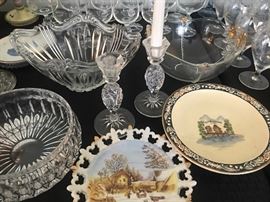 Pretty glass serving bowls and hand painted plate . 