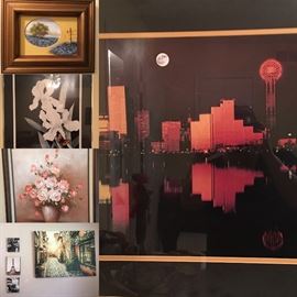 Vintage art- floral, Dallas skyline, newish photo art of Paris , sweet little bluebonnet painting. 