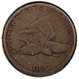 1857 Flying Eagle Cent: An 1857 Flying eagle cent. Designer: James Barton Longacre. Mintage: 17,450,000. Metal content: 88% copper, 12% nickel. Diameter: 19 mm. Weight: 4.7 grams. Circulated. Fair condition.