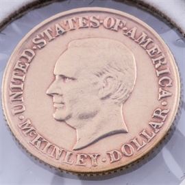 Rare 1917 $1 McKinley Commemorative Gold Coin: A rare 1917 $1 McKinley Commemorative gold coin. Designer: Charles E. Barber/George T. Morgan. Mintage: 5,000. Metal content: 90% gold, 10% copper. Diameter: 15 mm. Weight: 1.67 grams. Circulated. Good condition.