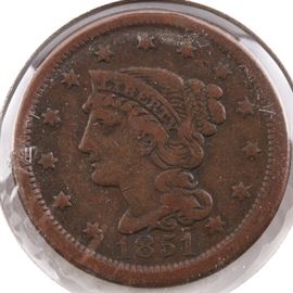 1851 Braided Hair Large Cent: An 1851 Braided Hair Large cent. Designer: Christian Gobrecht. Mintage: 9,889,707. Metal content: copper. Diameter: 27.5 mm. Weight: 10.9 grams. Circulated. Good condition.