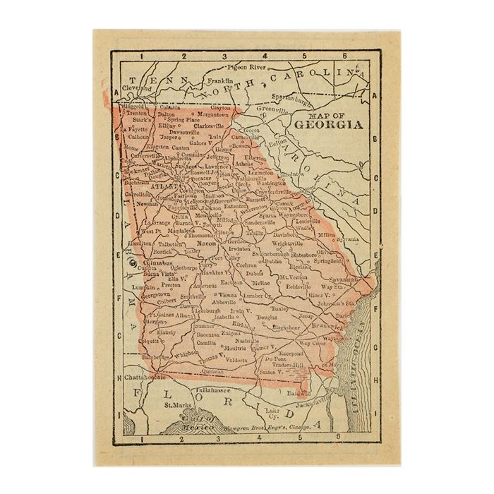 Antique Colored Map of Georgia by Blomgren Brothers Engravers: An antique colored map of Georgia by Blomgren Brothers Engravers. This map features the state of Georgia in the U.S. filled with printed pink ink. The verso features printed information about Georgia, Idaho, and other truncated information, indicating that this map is a cut excerpt from a larger printed document. Included is an additional separate piece of paper printed with the title page for Conklin’s Hand Manual of Useful Information and World’s Atlas published by Laird & Lee Publishers in 1888. Both items are presented together in a protective plastic sleeve.