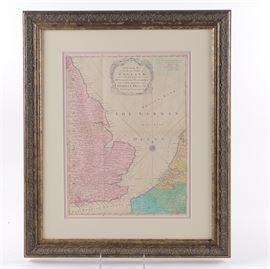 18th Century Engraved Map of England: A hand-colored engraving of a map of East England. This piece was engraved by Universal Magazine J. Hinton and is attributed to the year 1760. The map is inscribed, “An Accurate Map of the East Part of England with the Parts of Holland and Flanders bordering on the German Ocean.” It is presented under glass, in a mottled antiqued gold-tone wood frame, with a double mat, and wire for hanging and map information to the verso.