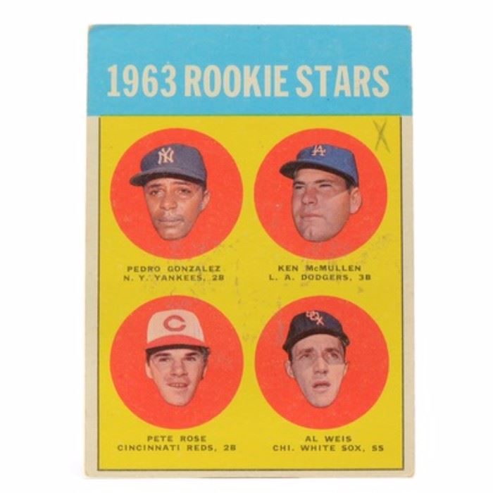 Original 1963 Pete Rose Topps Rookie Card: An original 1963 Pete Rose Cincinnati Reds Topps rookie baseball card. This card depicts Pete with three other rookies. The card is #537 and retains its original vivid and bold colors. The card is housed in a protective top loader. Pete Rose is Major League Baseball’s “All-Time Hit King.” He was inducted into the Cincinnati Reds Hall Of Fame last summer.