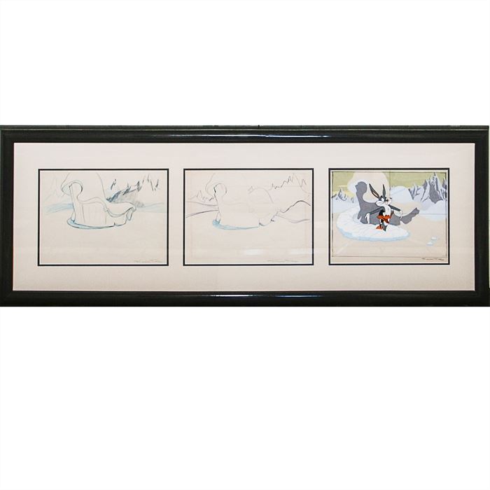 Original Layout Drawings by Maurice Noble from the "Abominable Snow Rabbit" 1961 Looney Tunes Episode: A set of original layout drawings by Maurice Noble from the “Abominable Snow Rabbit” 1961 Looney Tunes episode. This set is composed of three panels, two are background layout drawings and one is a cell layover with Bugs Bunny and Daffy Duck. All three panels are signed and came directly from artist’s collection. The frame is wooden with a lacquered finish. It has a white mat with black mat trim and a wire hanging system on the back.
