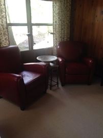 Pair of leather recliners.  Small depression drop leaf table.