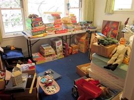 Tons of vintage games and toys from the 1960's, plus dolls (including Barbie dolls).