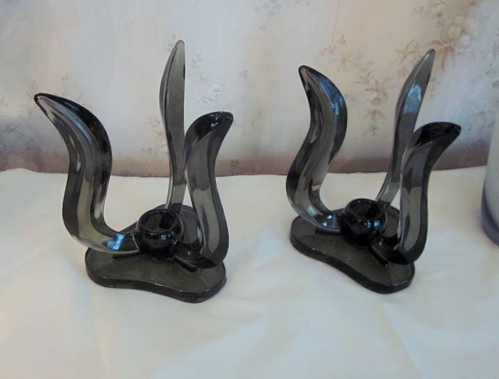Mid century modern, smoky gray, glass candle holders by New Martinsville Glass.