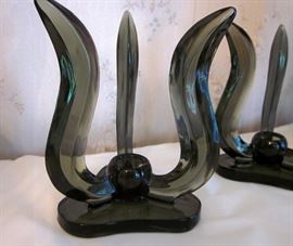 Mid century modern, smoky gray, glass candle holders by New Martinsville Glass.