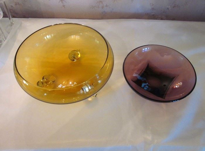 Mid century bowls:  Amber footed bowl, small amethyst bowl