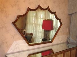 Vintage large (heavy) wall mirror, fan shaped, burnished gold frame.  63" wide at widest point, 30" at smallest point and 38-1/2" in height.