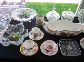 Vintage tabletop items, crystal, cut glass, teacups (England).