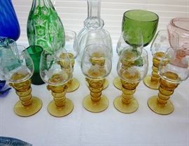 Vintage etched glass wine glasses, amber stems (Germany).