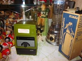 Vintage Sears electric ice crusher, retro Oster "Beehive" chrome blender, Kidde soda fountain syphon.