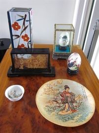 Oriental vase, eggs, carving, etc.
