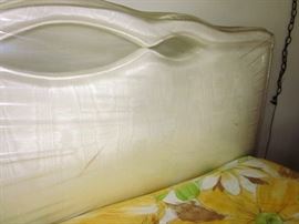 Full bed with vintage Hollywood style headboard, padded in silk blend fabric. Has frame, box spring and High End Mattress: Latex Savvy Rest ($3000 new).