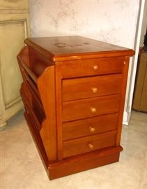 Solid wood Knotty Pine end table with attached magazine rack,  2 drawers plus pull out snack/drink tray.  15" W, 22" D, 21-1/2" H