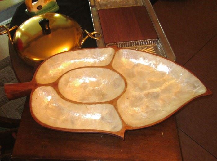Large Monkeypod wood divided serving tray, lined with Mother of Pearl