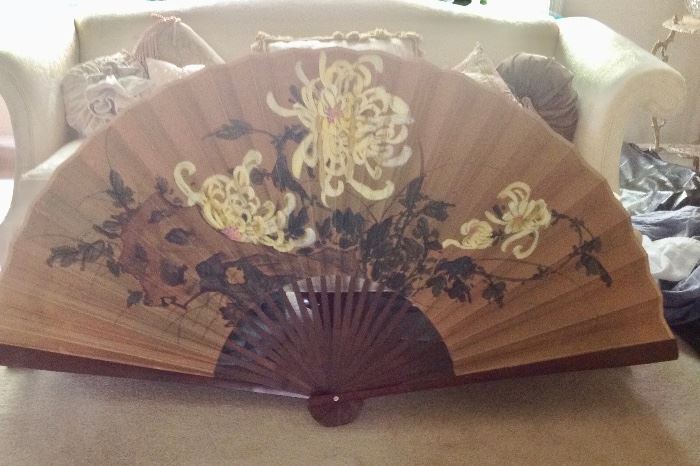 Large antique Oriental fan from china with wooden staves